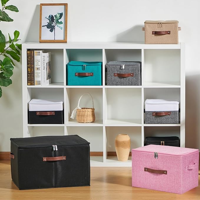 Storage Bins with Zipper Lid Cotton Linen Fabric Lidded Storage Baskets Boxes Foldable Washable Closet Shelf Clothes Organizer Container with PU Leather Handles (Pink, Small)
