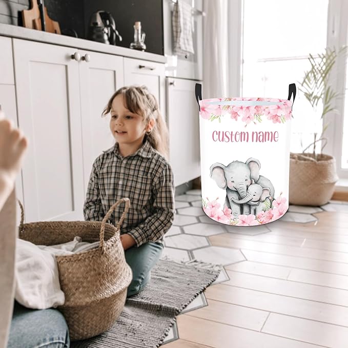 Custom Name Elephant Laundry Baskets for Baby Girls Boys, Personalized Name Laundry Basket for Kids Adults, Personalized Gift Pink Laundry Hamper with Handles, Customize Storage Basket