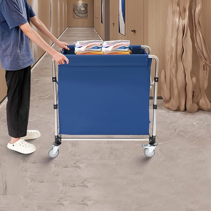 Commercial Laundry Cart with Wheels, 220lbs Laundry Cart for Home Hotel, Capacity Heavy Duty Rolling Hamper with 4 Locking Wheels and Oxford Cloth for Home, Dorm, Hotel, and Commercial Use (Blue)
