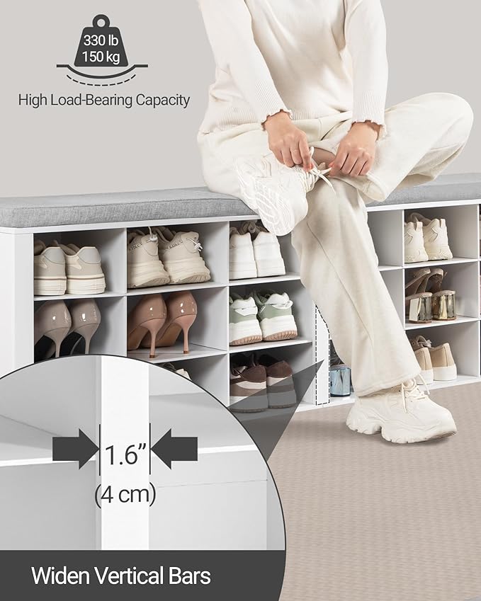Shoe Storage Bench with Cushion, Entryway Storage Bench with 18 Cubbies, 9.5" Widened Organizer Cabinet, Long Cubby Rack for Living Room, Bedroom, Entryway, White SB25703GY