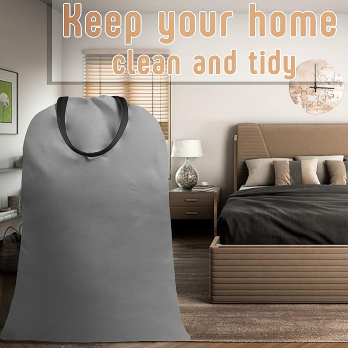 Sanlykate Large Canvas Cotton Laundry Bag with Drawstring & Handles, Heavy Duty Durable Dirty Clothes Organizer, Tear Resistant Hamper Liner Storage Bag, Travel Sack, 25.5 x 34inch - Dark Grey