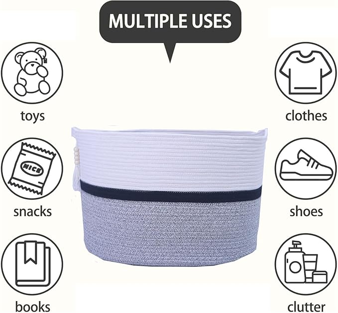 Cotton Rope Storage Bin,Natural Handmade Woven Hamper for Living Room,Blanket Basket for Clothes, Pillows, Towels (black, 100L)