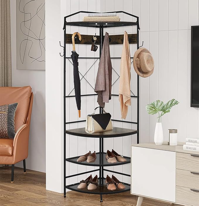 DKLGG 4-Tier Corner Coat Rack with Storage for Entryway, Farmhouse Corner Hall Tree with Bench and 6 Metal Hooks, Freestanding Clothes Rack for Home Office Bedroom