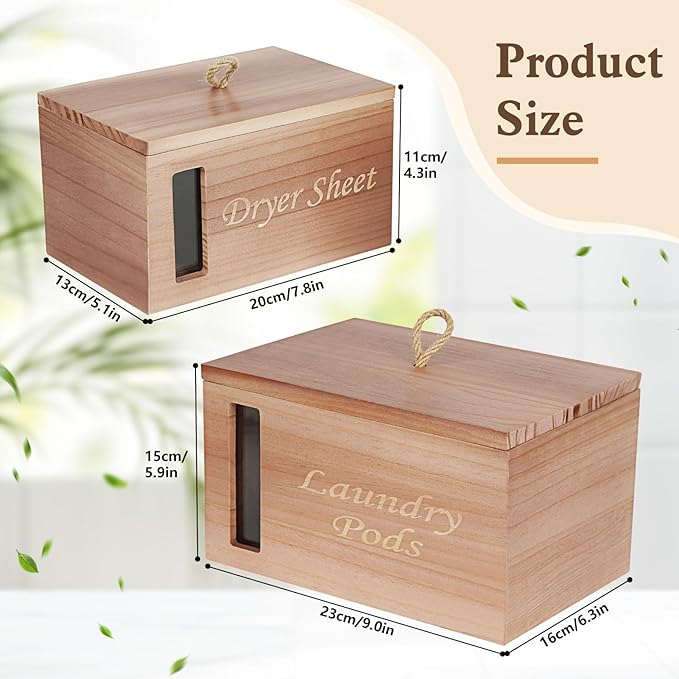 2 Pcs Wood Rustic Dryer Sheet Holder with Lid Laundry Pods Container with Window, Wooden Laundry Room Organization Storage for Laundry Room Decor and Accessories-Walnut brown