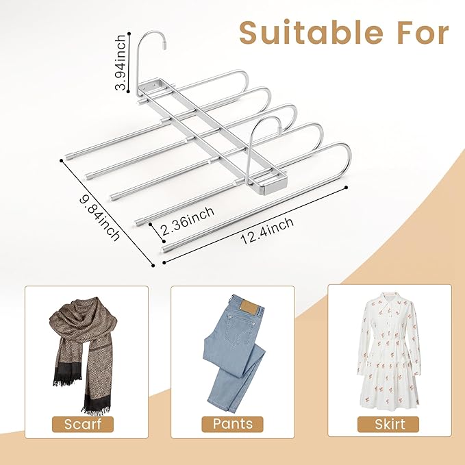 Pants Hangers Space Saving,Closet Hangers 5 Layers 2 Uses Multi Functional Pants Rack,Metal Heavy Duty Wardrobe Organizer Racks for Clothes Trousers Scarves Ties (Silver)