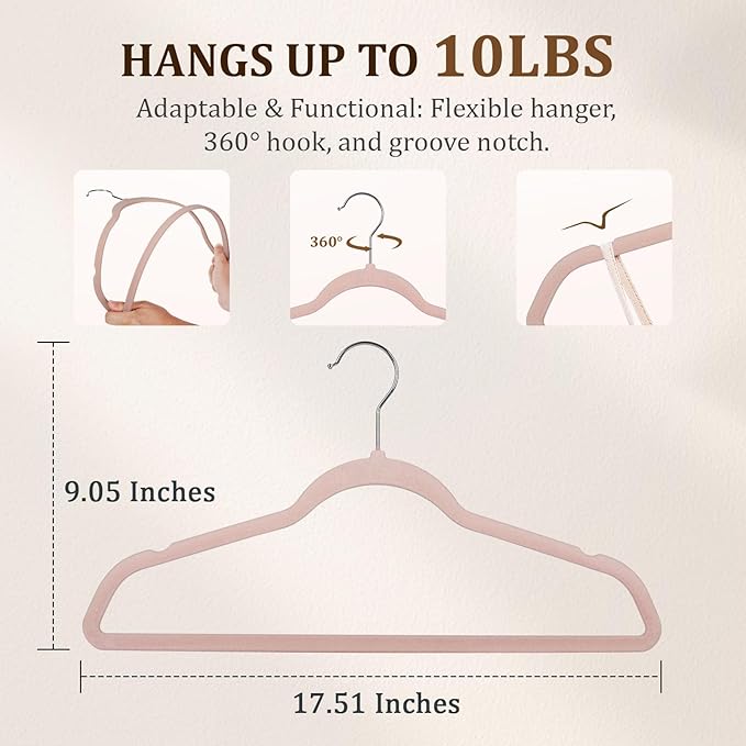 Premium Velvet Hangers - Heavy Duty Pink Non-Slip Space Savers; 50 Pack for Coats, Pants & Dress Clothes