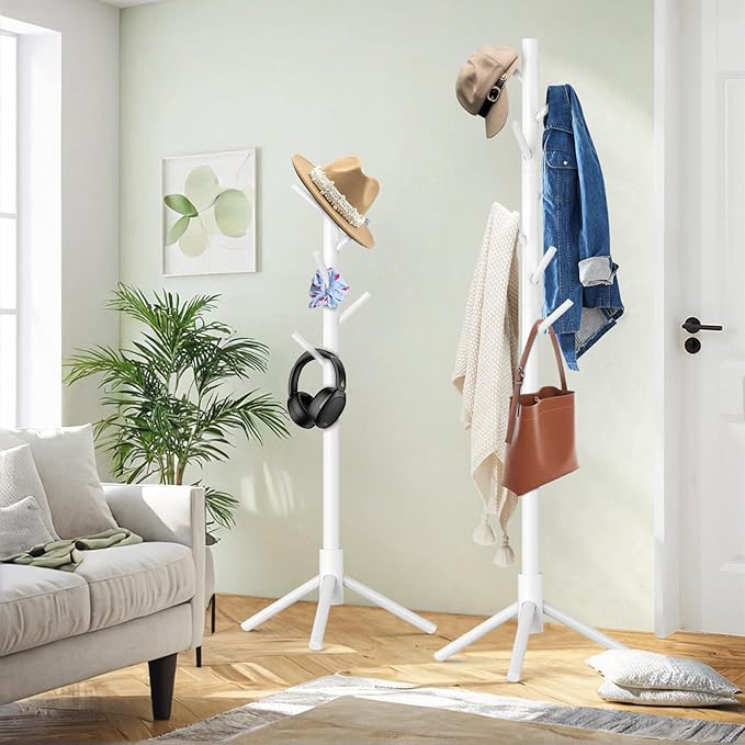 Wooden Coat Rack Freestanding with 8 Hooks,Easy Assembly New Zealand Pine Tree Coat Racks, 3 Adjustable Sizes for Clothes, Hats, Bags, for Entryway, Hallway, Bedroom, Office (White, 2 PCS)
