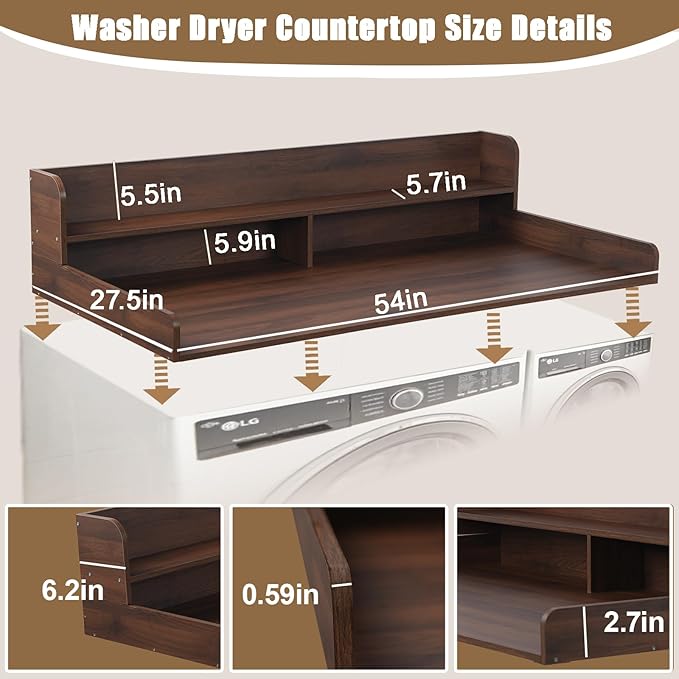 2-Tier Washer and Dryer Countertop, Wooden Washer Dryer Countertop, 27.5" Depth X 54" Laundry Countertop Over Washer and Dryer for Folding Clothes Over Washer and Dryer (Dark Walnut)