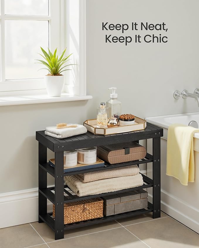 SONGMICS Shoe Rack Bench, 4 Tier Bamboo Shoe Storage Organizer, Entryway Bench, for Living Room, Bathroom, Bedroom, 11.3 x 27.6 x 20.5 Inches, Ink Black ULBS370BH01