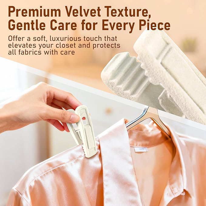 Velvet Hanger Clips 30 Pack – Non Slip Finger Flocked Clips for Thin Velvet Hangers, Strong Clothes Pins for Pants, Skirts, Trousers, Dresses(Beige)