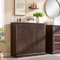 Modern Double Tilt-Out Laundry Hamper Cabinet, 20 Gallon Fluted Trash Can Cabinet w/2 Drawers, Wooden Hidden Garbage Can Cabinets w/Laundry Basket, Free Standing for Bathroom and Kitchen, Brown