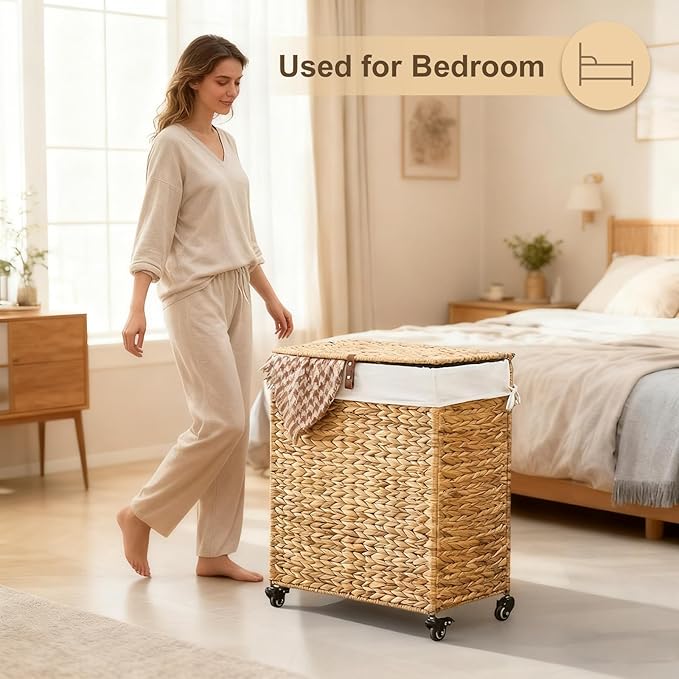Handwoven Laundry Hamper with Wheels, Natural Water Hyacinth Rolling Laundry Basket with Lid and Removable Liner, Durable and Stylish for Bedroom, Bathroom, Laundry Room (Natural, 95L)