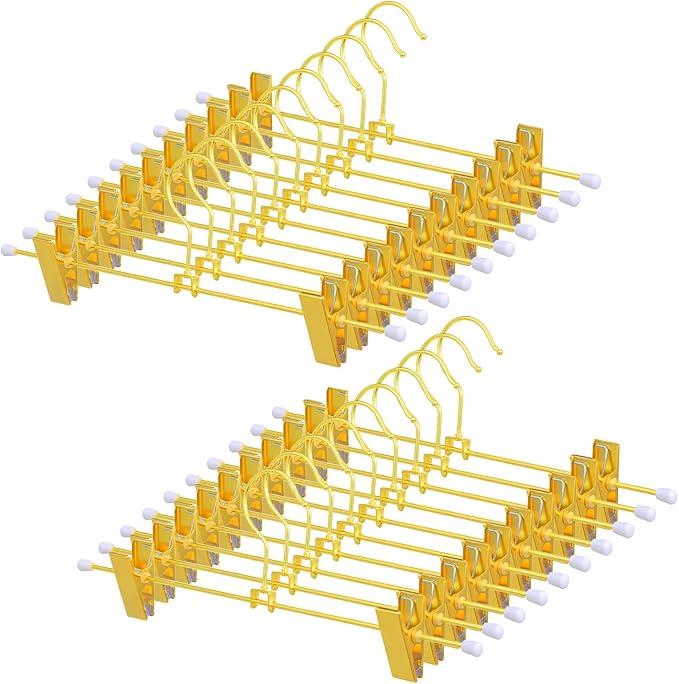 20 Pack Shiny Gold Metal Hangers 12 Inch Gold Pants Skirts Hanger with 2 Adjustable Non Slip Clips and Swivel Hook Sturdy Skirt Hangers with Clips for Skirts Slacks Jean Trousers