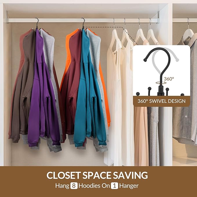 ZEDODIER Hoodie Hangers, 2 Pack Rotatable Hoodie Organzier for Closet, Max 16 Storage Capacity Hoodies Holder, Metal Space Saving Closet Organizers and Storage, Black