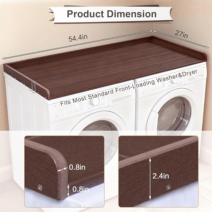 Chortmok Washer Dryer Countertop, HDPE Laundry Countertop with Edge Rails, No-Installation-Brown