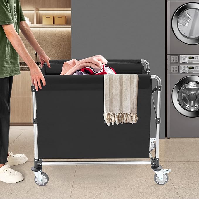 Commercial Laundry Cart with Wheels, 440lbs Heavy Duty Folding Laundry Cart, Rolling Laundry Basket with Oxford Cloth Hamper, 34.25 * 20.47 * 30.7in for Home, Dorm, Hotel, and Commercial Use (Black)