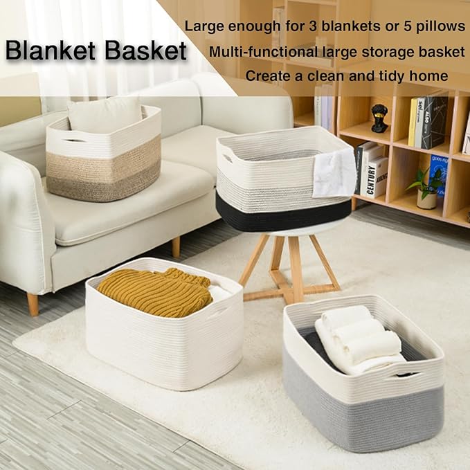 Large Blanket Basket Living Room, Rectangle Toy Storage Basket, Large Baskets for Blankets, Woven Cotton Rope Baskets for Storage, Books, Shoes, Dirty Clothes, 22”x17”x12”, Gradient Black, 75L