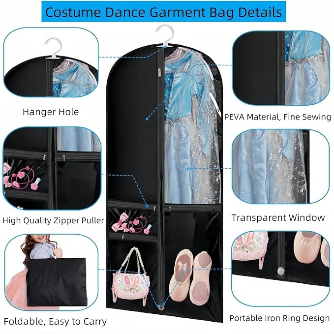 Clear Dance Costume Garment Bag, 39 Inch Garment Bag for Dance Competitions, Kids Hanging Clothes Cover for Girls Closet Storage with 3 Zippered Pockets