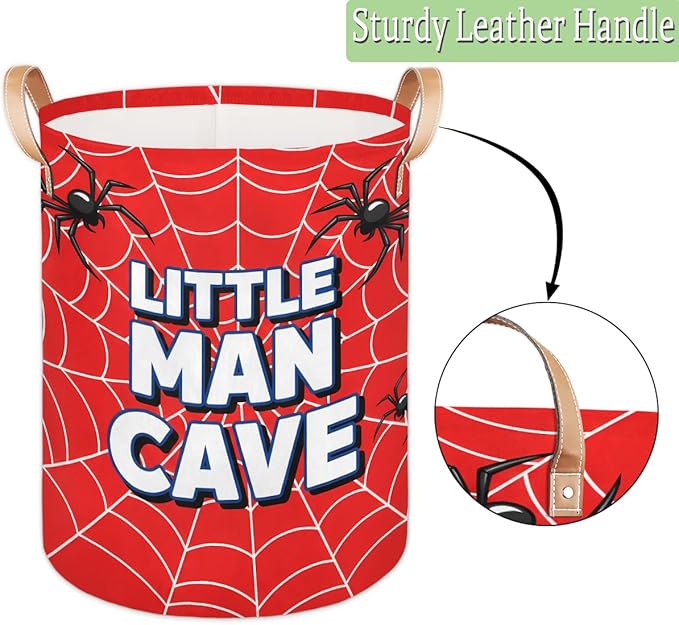 Little Man Cave Laundry Basket Hamper - Spider Web Collapsible Storage Bin for Blankets, Kids Toys, Clothes, 62L Large Red Tall Baby Nursery Hamper for Bathroom, Boys Bedroom Decor, Gift Basket