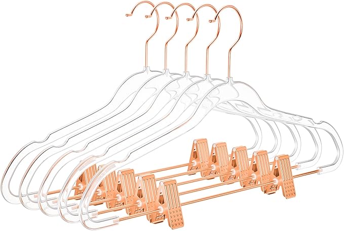 MIZGI Slim Clear Rosegold Pants & Skirt Hangers (20 Pack) – Adjustable Clips & Hooks, Transparent Non-Felt, Space-Saving for Dresses, Shirts, Blouses
