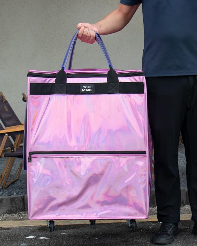 (Large, Phantom Pink) Reusable Grocery Bag on Wheels, Shopping Bags with Wheels and Handle, Folding Rolling Tote, Zipper Cover, Carries Up to 76 LBS, for Laundry, Picnic