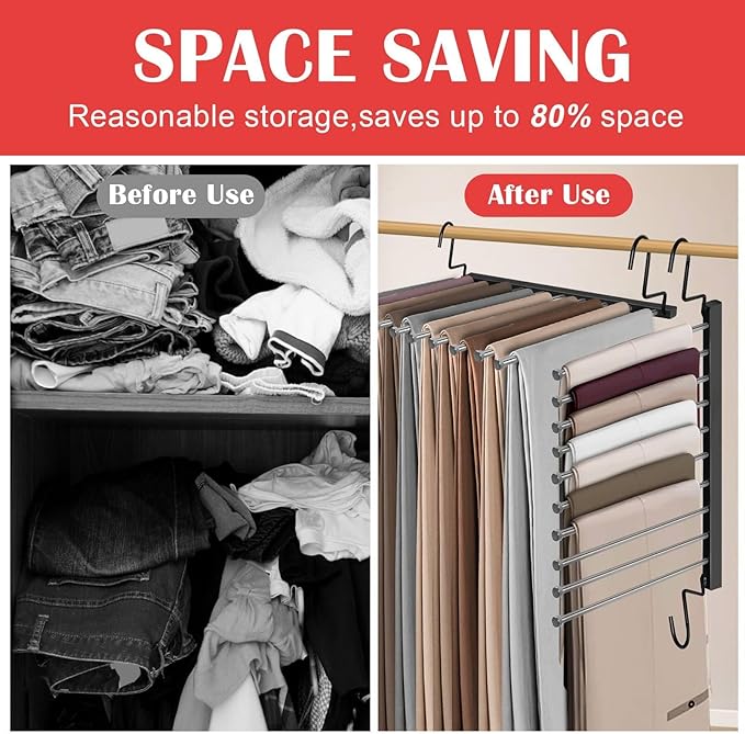 Pants Hangers Space Saving, 10-Tier Stainless Steel Closet Organizer, Plastic-Free, Collapsible Non-Slip Design Space Saving Hangers, Rotation for Legging Pant Rack, Storage and Organization