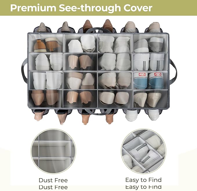 Shoe Organizer for Closet, Shoe Storage Solution with Clear Cover & Adjustable Dividers, Fabric Shoe Box Fits 16 +12 Pairs Shoes, Grey, 1-Pack