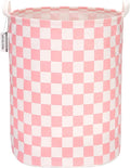 Sea Team 19.7 Inches Large Sized Waterproof Coating Ramie Cotton Fabric Folding Laundry Hamper Bucket Cylindric Burlap Canvas Storage Basket with Stylish Grid Pink Design