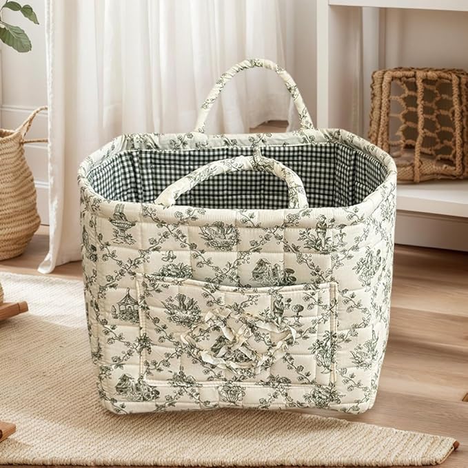 Floral Fabric Storage Basket Car Interior Storage Basket Underwear Sundries Laundry Baskets Supplies Home Organizer Bag (Green)