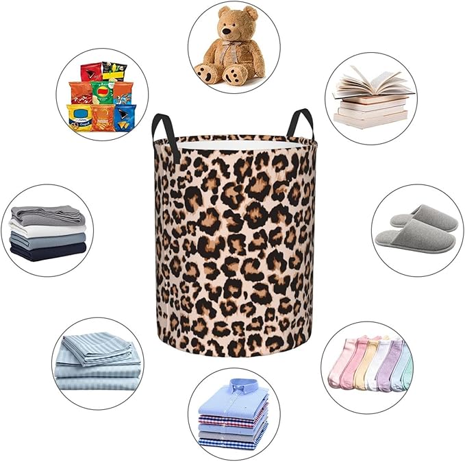 Cheetah Print Round Laundry Hamper Leopard Animal Skin Storage Basket Toys Clothes Organizer Bin For Home Bathroom Bedroom Dorm Nursery, 62l