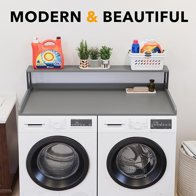 SpaceAid 2-Tier Washer Dryer Countertop, Laundry Topper with Rack Shelf 54" Width x 27.5" Depth x 10" Height Organizer Cover for Washer and Dryer Laundry Hamper Counter Storage (Gray)
