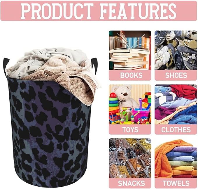 Black Grey Leopard Round Laundry Hamper Storage Basket Toys Clothes Organizer Bin For Home Bathroom Bedroom Dorm Nursery, 38l