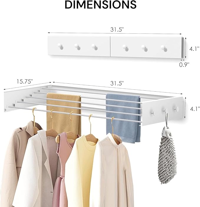 Wall Mounted Foldable, Space Saving Clothes Drying Rack with Knob, 60 lbs Capacity, for Laundry (31.5" White)