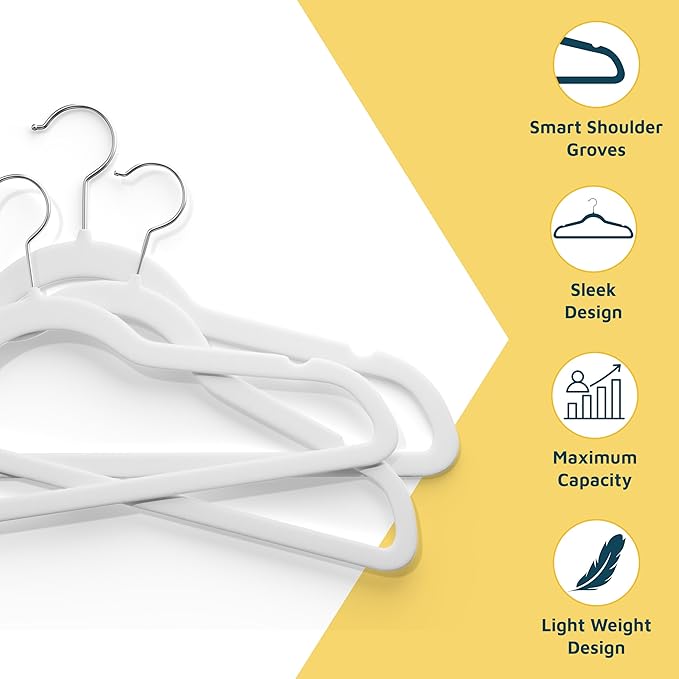 Lifemaster Velvet Clothes Hanger – with 360 Degree Swivel Hook and Non-Slip Shoulder Notch, Holds Up to 10 lbs, Heavy Duty Hanger Set, for Organizing Suit, Dress, Coat, and Clothes, Pack of 5, White