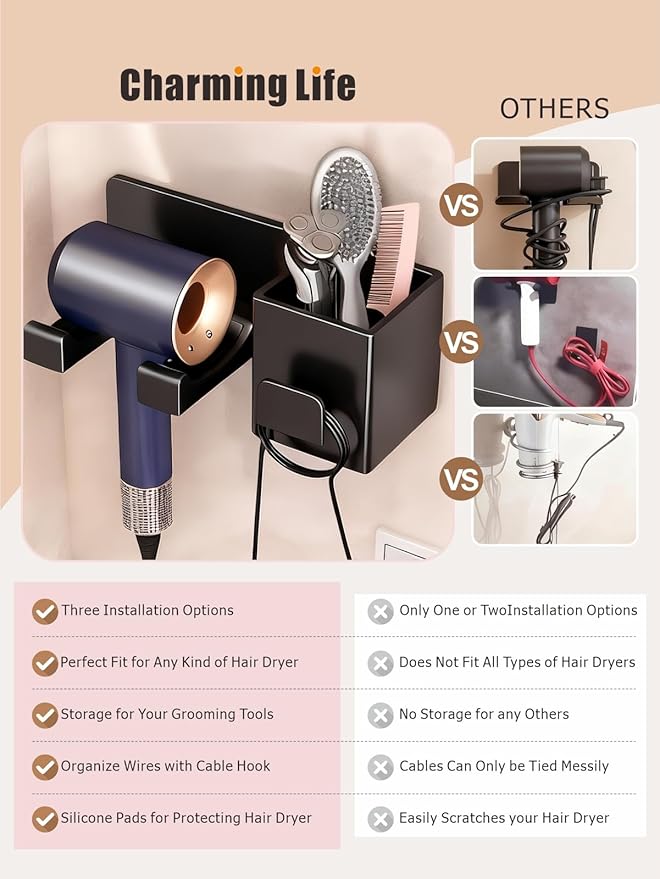 Hair Dryer Holder with Tool Organizer, Blow Dryer Holder Compatible with Dyson, Shark, Hair Dryer Hanger Wall Mounted by 3M Tapes Adhesive Or Screw for Bathroom, Vanity, Bedroom - Mg-Al Alloy, Black
