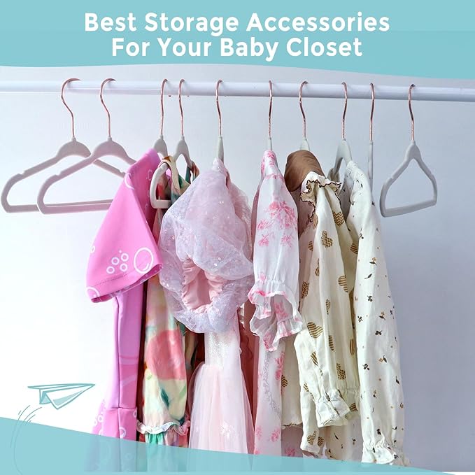 50-Pack 14 Inch Children's Closet Hangers with 10 Clips - Soft Velvet Non-Slip Hangers for Kids & Teen Clothes (Beige)