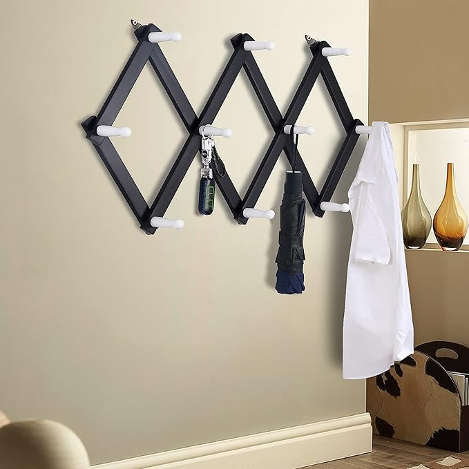 Dseap Accordian Wall Hanger: 16” High Wooden Wall Expandable Coat Rack, Hat Rack Holder, Accordion Hook for Baseball Caps, Coats, Mugs, 10 Peg Hooks, Black & White