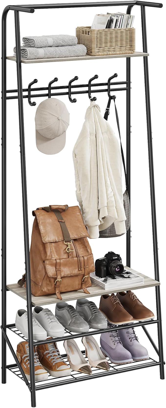 Coat Rack Shoe Bench with Single-Row 5 Hooks 60cm Width, 3-Tier Shelf Entryway Hall Tree with Storage, Metal Frame Multifunctional Organizer, 4-in-1 Coat Rack for Bathroom, Hallway.Grey.