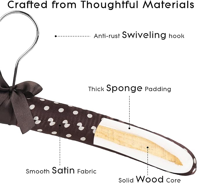 Women's Satin Padded Hangers - 15" Foam-Filled Wooden Clothes Hangers with No Shoulder Bumps, Bow Accent, for Sweaters, Blouses, Dresses – 5 Pack (Coffee Polka Dot)