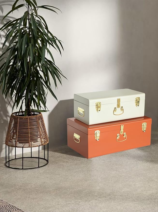 Vixdonos Decorative Large Metal Box Storage Trunk Chest Set of 2 College Dorm Organizer with Hardware Hasps and Handle for Home Deocr,23.7X14.2X9.5 Inches(Beige and Orange)