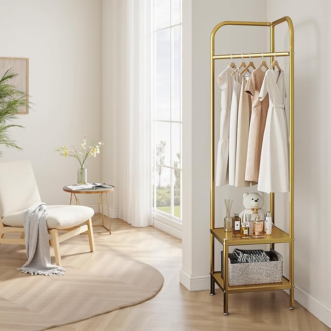 Corner Coat Rack, Modern Metal Clothes Racks Corner Hall Tree Clothing Floor Freestanding Garment With Shelves Storage for Hallway Entryway Bedroom Living Room Office