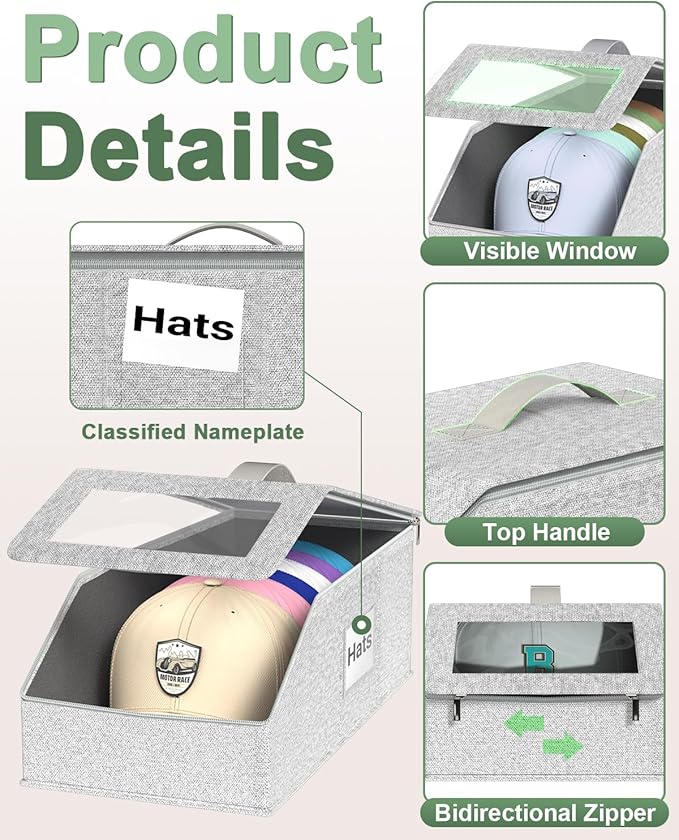 Hat Organzier for Baseball Caps - 2 PCS Stackable Hat Storage Holder Holds up to 26 Caps for Closet, Dust-Proof Hat Boxes Container with Clear Window for Home