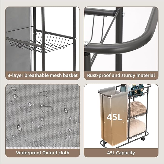 Rolling Laundry Cart with Wheels, 3-Tier Laundry Caddy Between Washer and Dryer, Heavy Duty Rolling Laundry Basket with 45L Bag for Narrow Space Laundry Room, Bathroom, Bedroom, Gray
