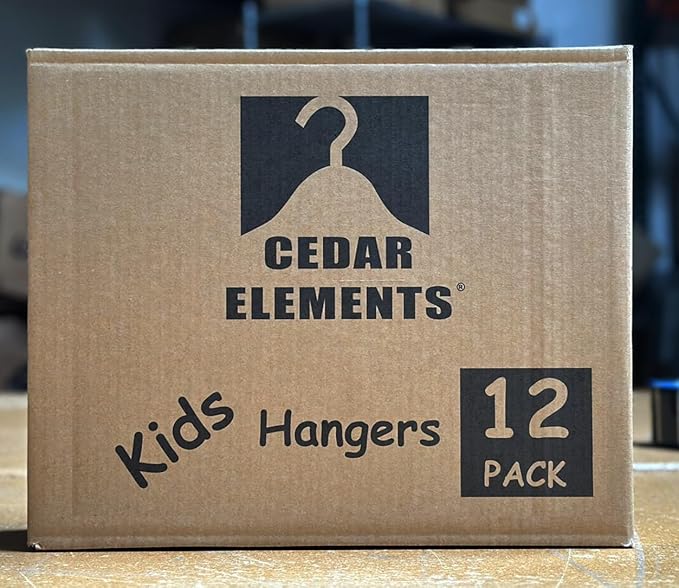 Cedar Elements Big Kids Cedar Hangers – French Flat Top Style 12 Pack for Kids Size 4T-10 (with Pant bar)