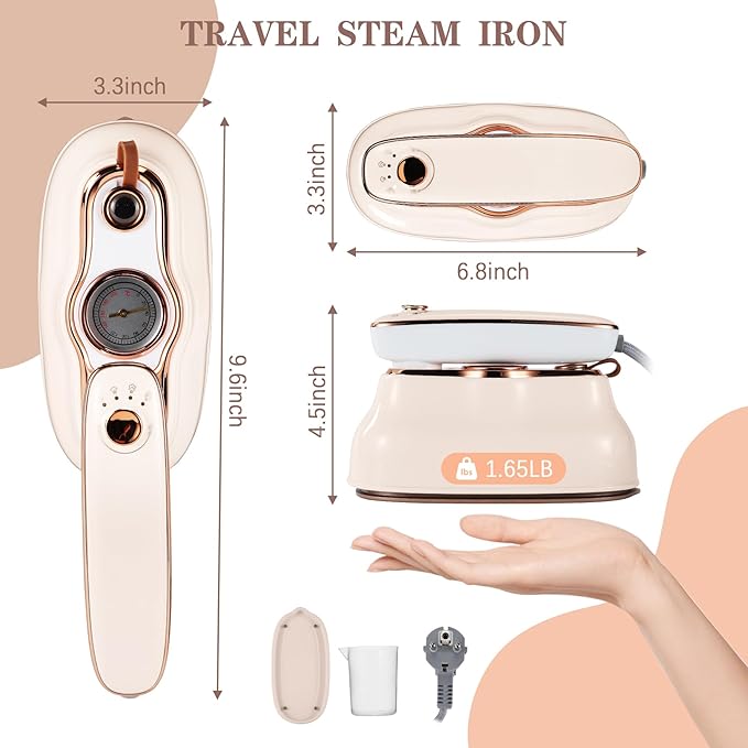 VAYALT Mini Steamer Travel Iron for Clothes, 180° Rotating Handheld Steam Iron, Two Ironing Modes, Three steam levels, 15 Seconds Quick Preheat, Suitable for Dormitory, Home and Travel(Beige)