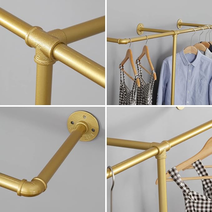 Industrial Pipe Clothes Rack, Heavy Duty Wall Mounted Black Iron Garment Bar,Retail Display Rack Closet Storage Clothes Organizer (47.2, Gold)