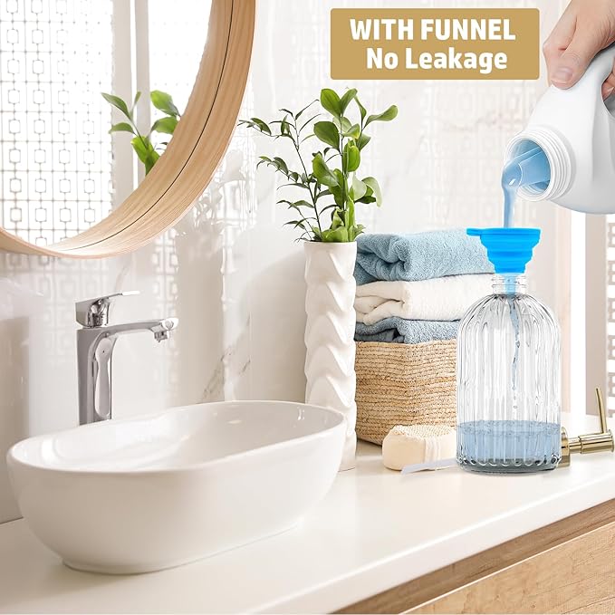 14Oz Gold Pump Glass Soap Dispenser, Clear Stripe Countertop Refillable Liquid Bottle Hand Dish Lotion Dispenser with Plastic Pump, for Kitchen, Bathroom