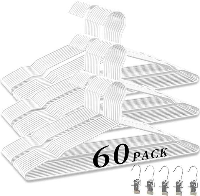 60Pack Metal Wire Hangers+5 Clothes Pins, 16.5" Wire Clothes Hangers for Standard Sized Shirt, Suits, Jackets, Skirts, Ultra Thin Space Saving, Bulk for Home and Commercial