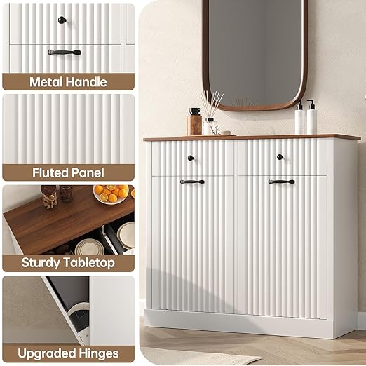 Fluted Tilt Out Laundry Hamper Cabinet, 10 Gallon Hidden Trash Can Cabinet, Wooden 2 in 1 Tilt Out Garbage Can for Kitchen, Bathroom (Antique White, Full)