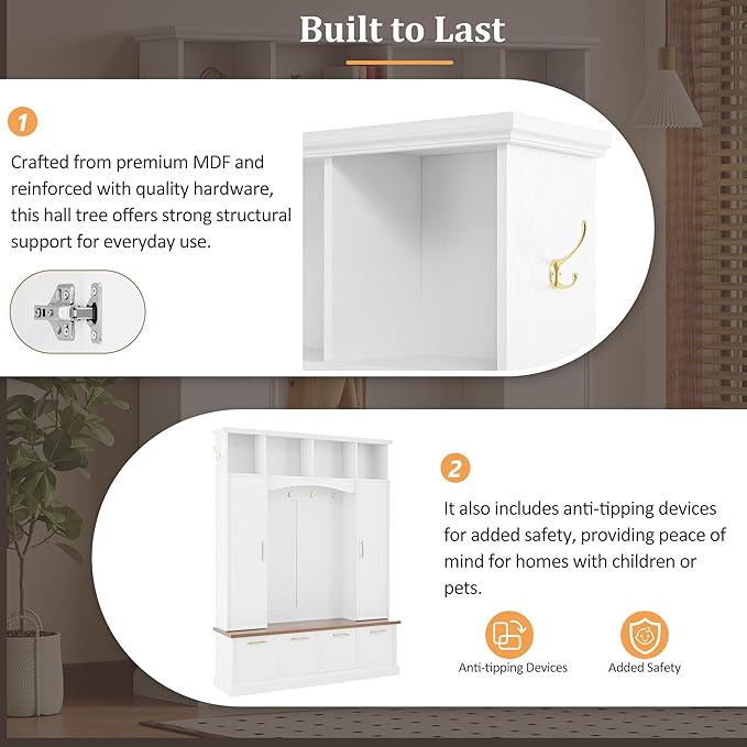 Versatile Hall Tree with Golden Hooks and 2 Doors, 5-in-1 Wood Coat Rack Entryway Shoe Cabinet with Bench& Adjustable Shelves, Functional 59'' Wide Hall Tree for Entrance Hallway (White-8.2)
